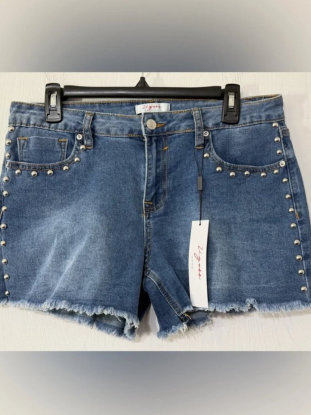 Vigoss Studded Denim Jean Shorts Silver Studs Raw Edge Hem